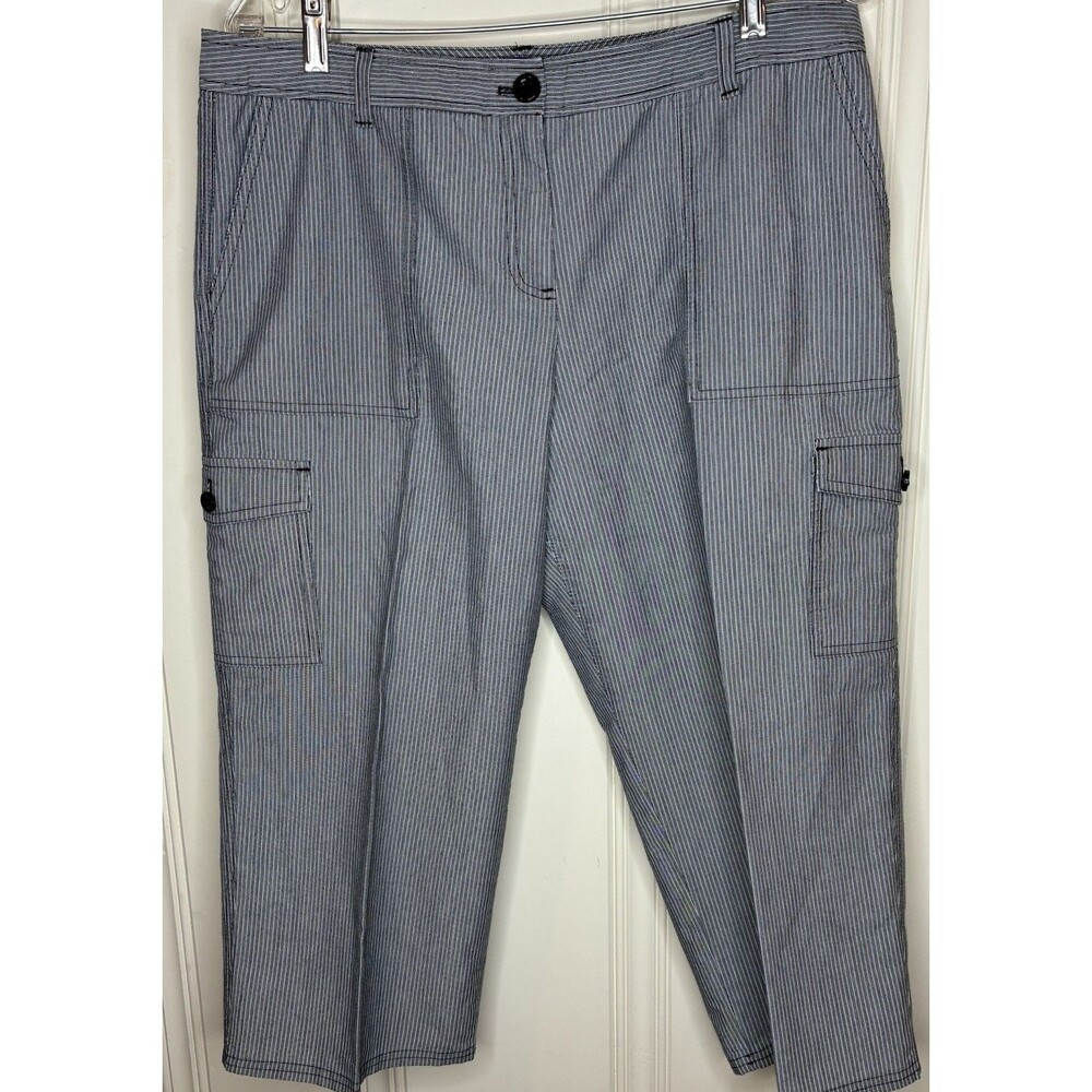 IZOD Womens Blue White Pinstripe Cargo Capri Pants Stretch Cropped Trousers 12
